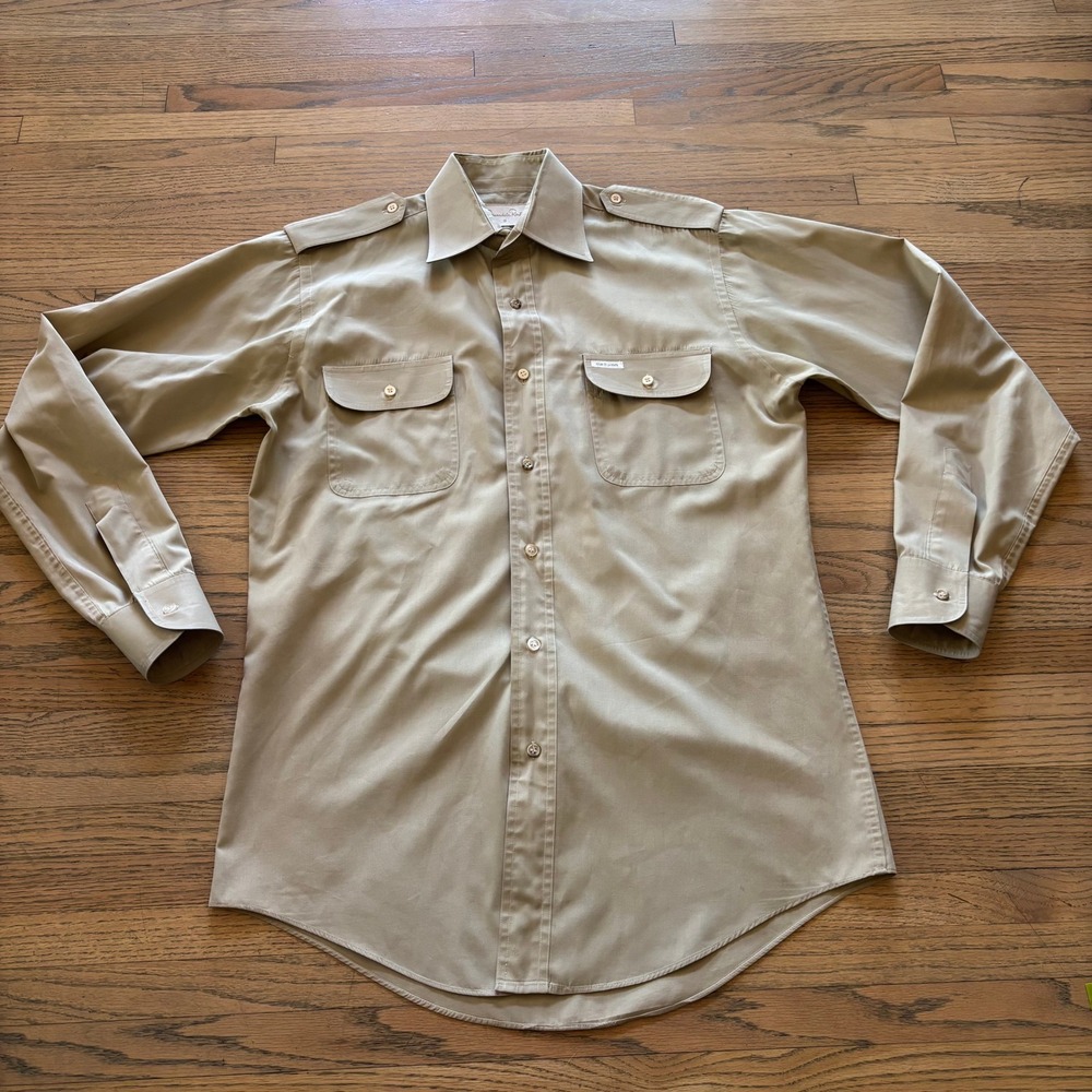 Oscar de la Renta Vintage Mens Small Khaki Safari Military Epaulet Shirt Tan